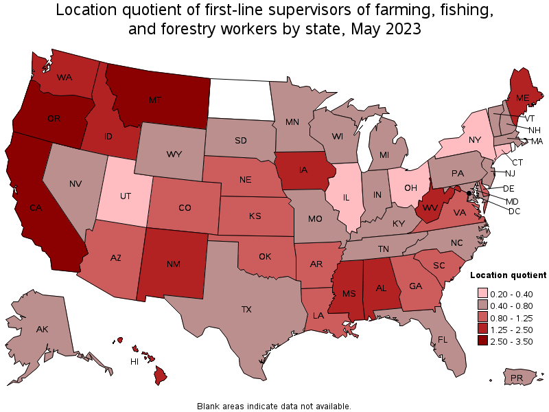 Map of location quotient of first-line supervisors of farming, fishing, and forestry workers by state, May 2021