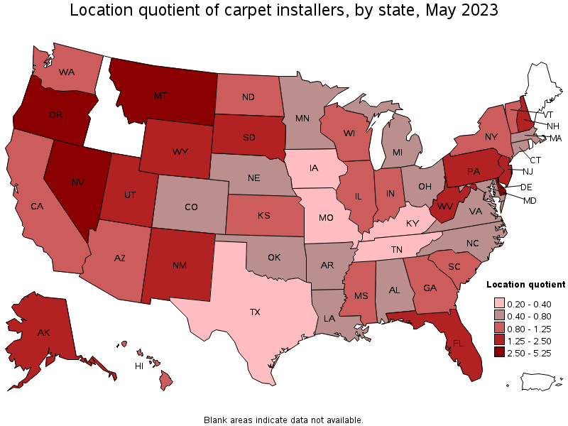 Map of location quotient of carpet installers by state, May 2022
