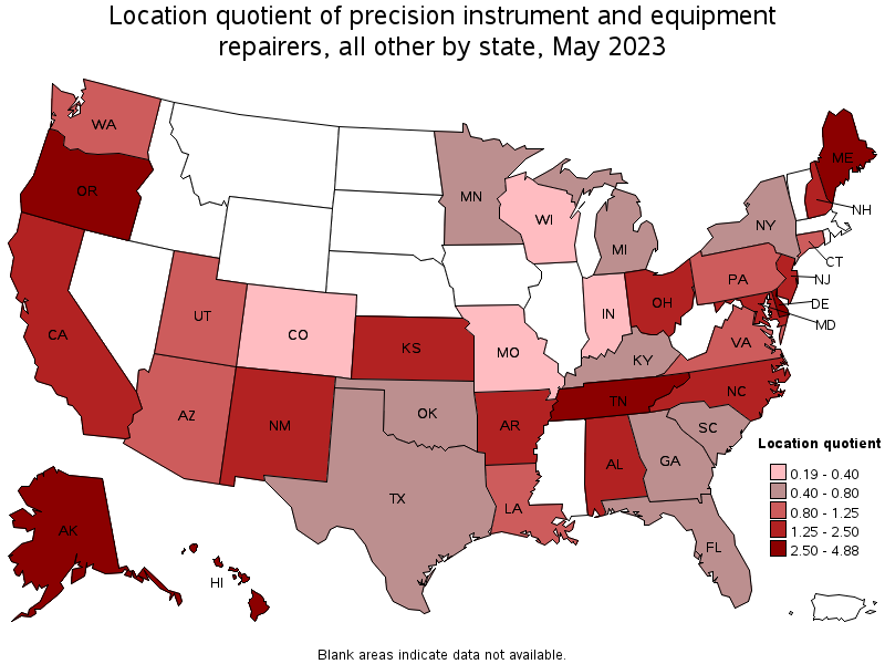Map of location quotient of precision instrument and equipment repairers, all other by state, May 2022