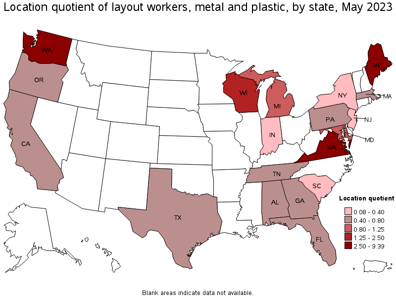 Map of location quotient of layout workers, metal and plastic by state, May 2022