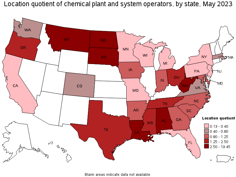 Map of location quotient of chemical plant and system operators by state, May 2022
