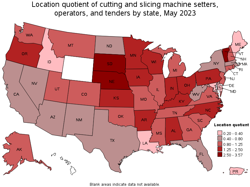 Map of location quotient of cutting and slicing machine setters, operators, and tenders by state, May 2022