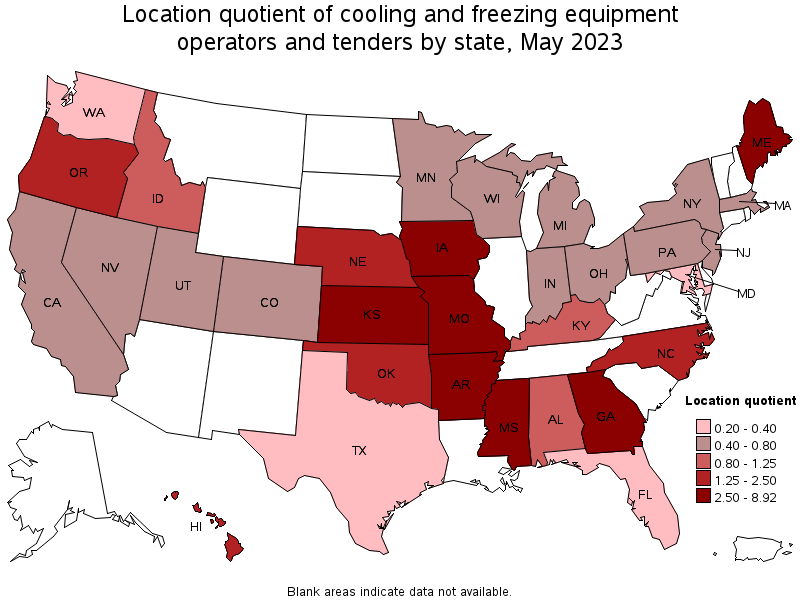 Map of location quotient of cooling and freezing equipment operators and tenders by state, May 2021