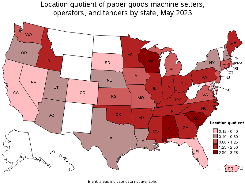 Map of location quotient of paper goods machine setters, operators, and tenders by state, May 2021