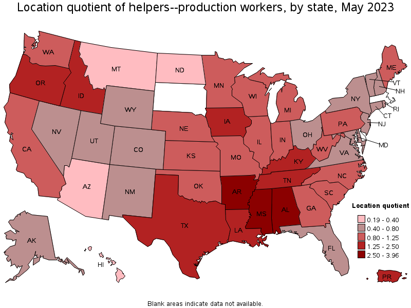 Map of location quotient of helpers--production workers by state, May 2021