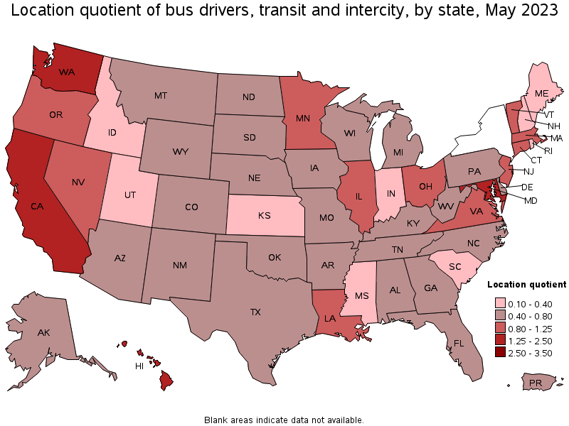Map of location quotient of bus drivers, transit and intercity by state, May 2022