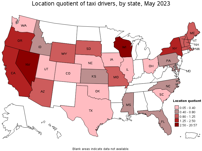 Map of location quotient of taxi drivers by state, May 2022