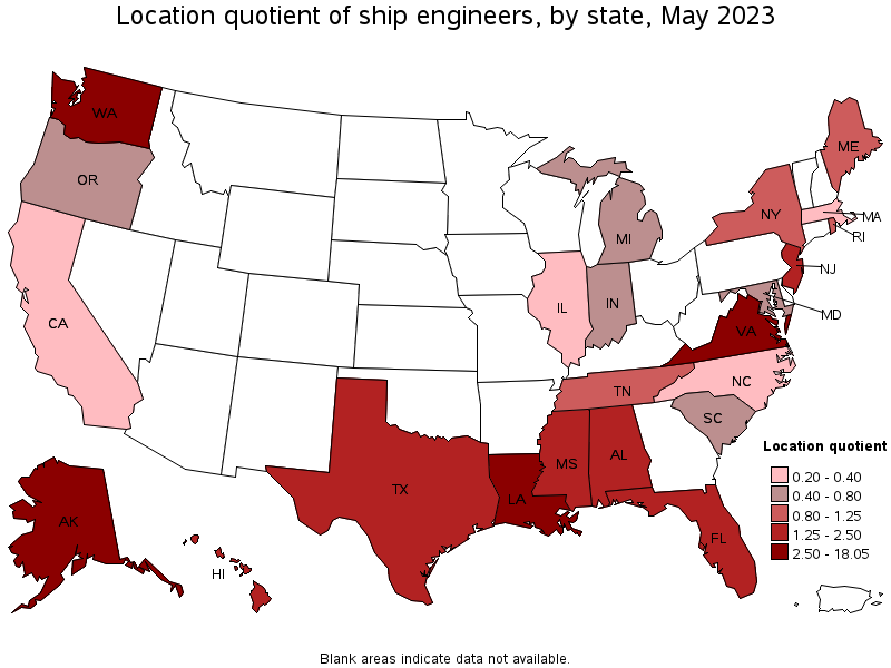 Map of location quotient of ship engineers by state, May 2021