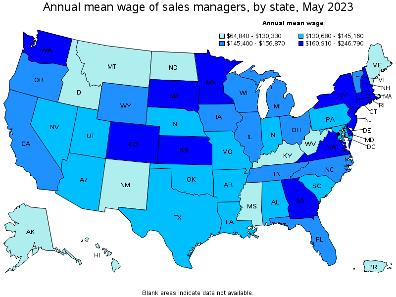 Map of annual mean wages of sales managers by state, May 2022