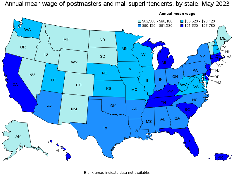 Map of annual mean wages of postmasters and mail superintendents by state, May 2021