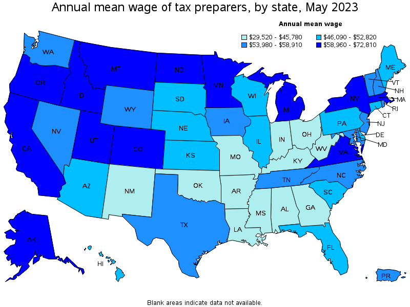 Map of annual mean wages of tax preparers by state, May 2022