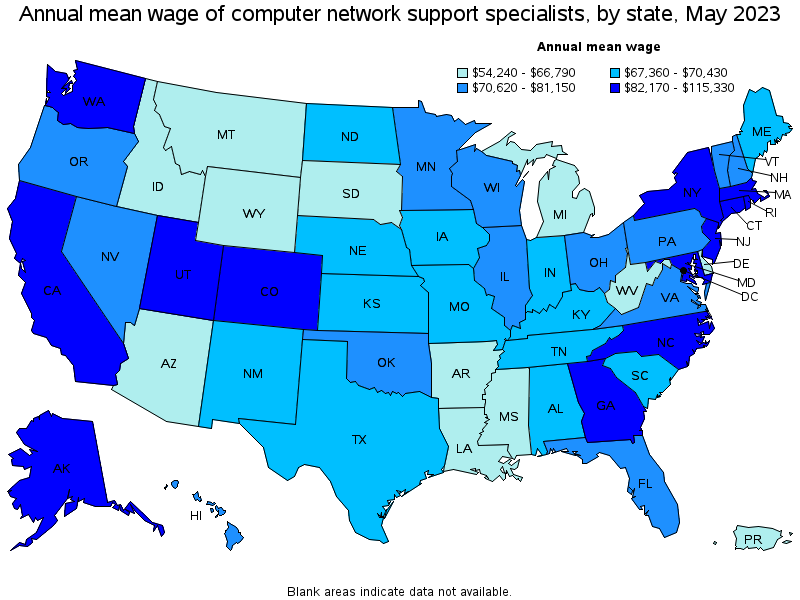 Map of annual mean wages of computer network support specialists by state, May 2022