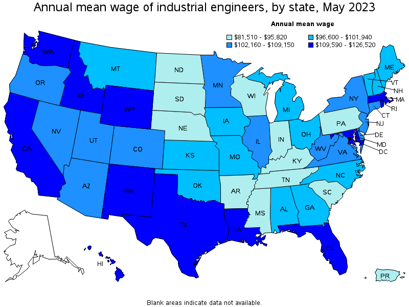 Map of annual mean wages of industrial engineers by state, May 2021