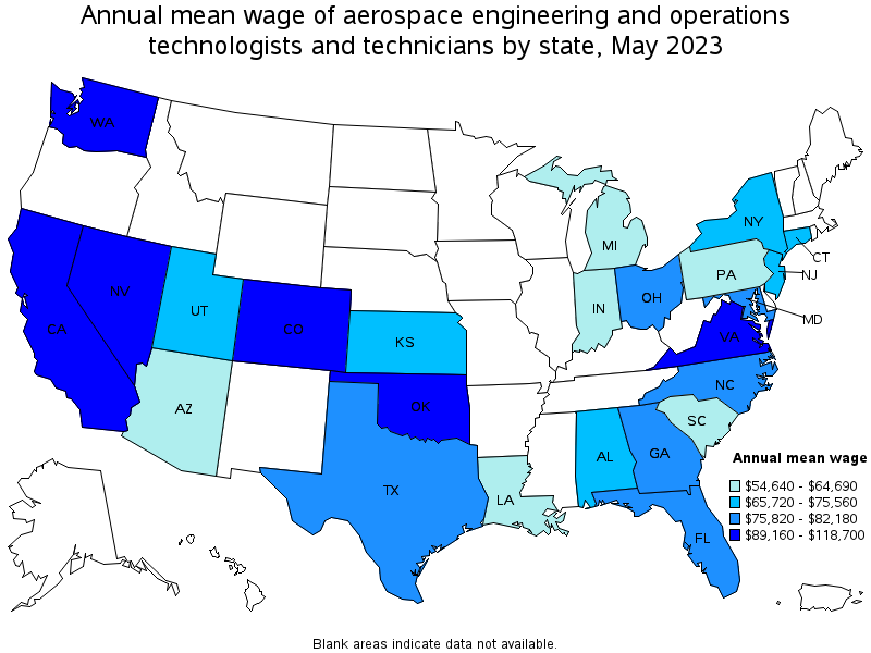 Map of annual mean wages of aerospace engineering and operations technologists and technicians by state, May 2021