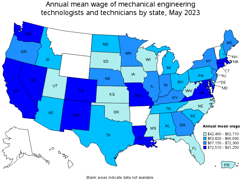 Map of annual mean wages of mechanical engineering technologists and technicians by state, May 2022
