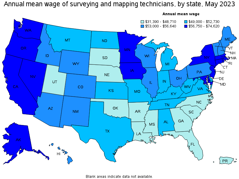 Map of annual mean wages of surveying and mapping technicians by state, May 2022