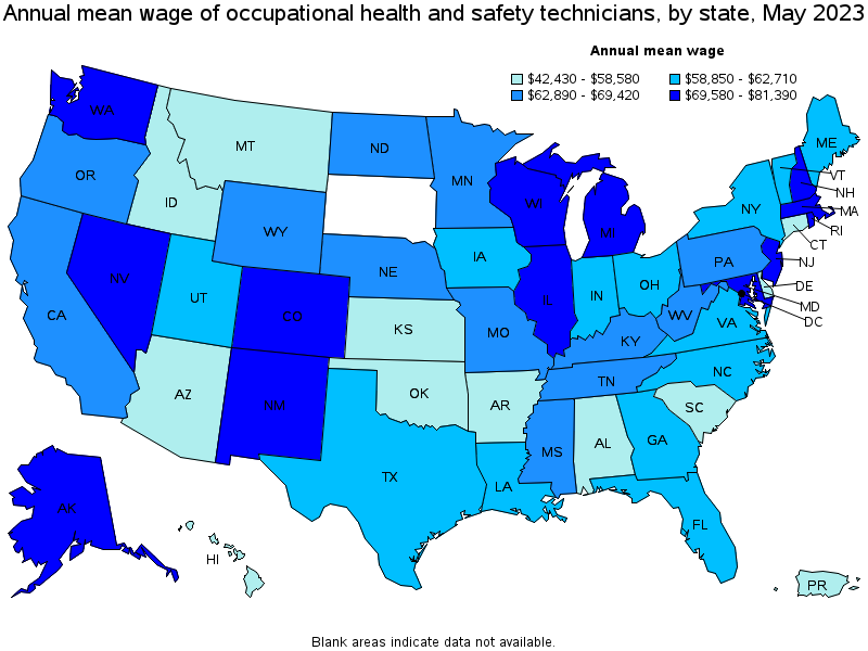 Map of annual mean wages of occupational health and safety technicians by state, May 2021