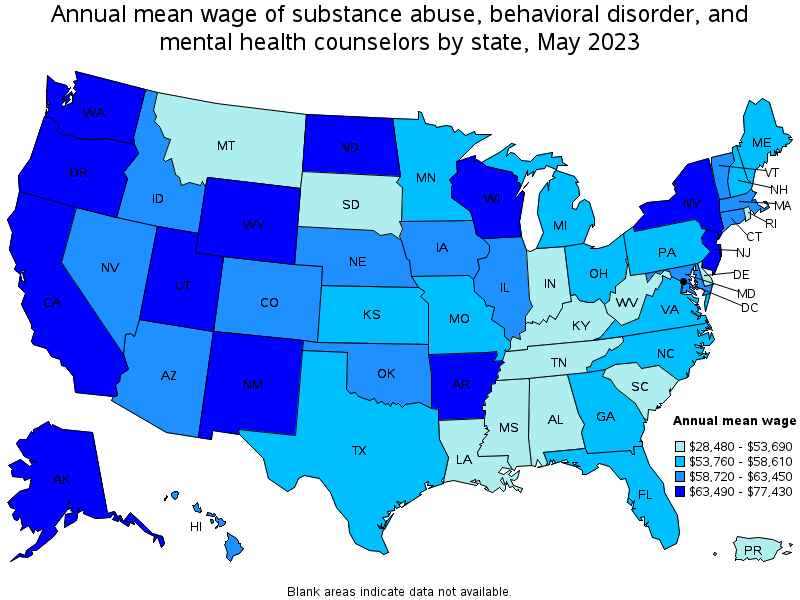 Map of annual mean wages of substance abuse, behavioral disorder, and mental health counselors by state, May 2021
