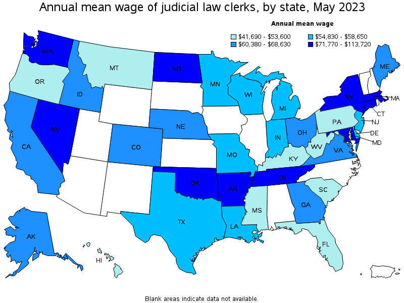 Map of annual mean wages of judicial law clerks by state, May 2022