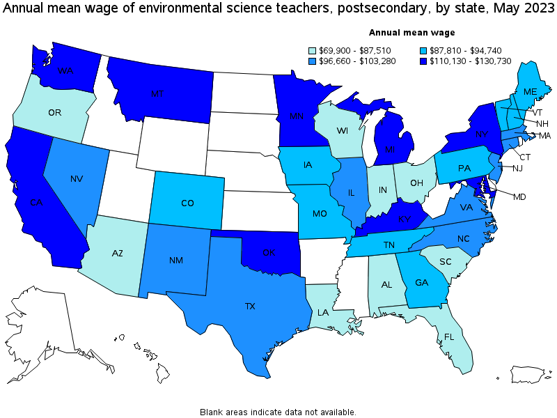 Map of annual mean wages of environmental science teachers, postsecondary by state, May 2022