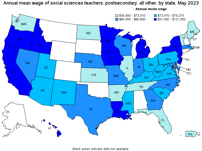 Map of annual mean wages of social sciences teachers, postsecondary, all other by state, May 2022