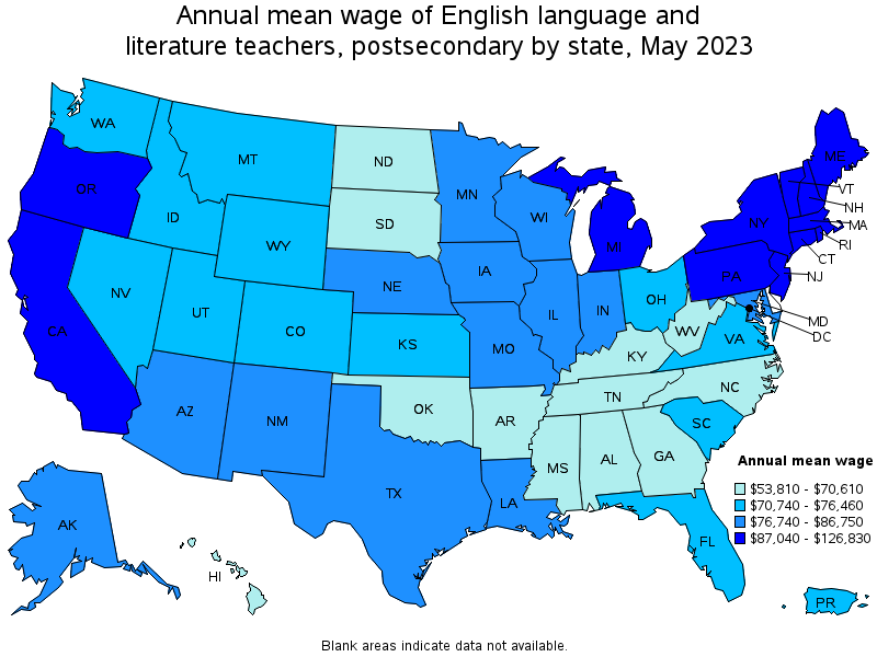 Map of annual mean wages of english language and literature teachers, postsecondary by state, May 2021