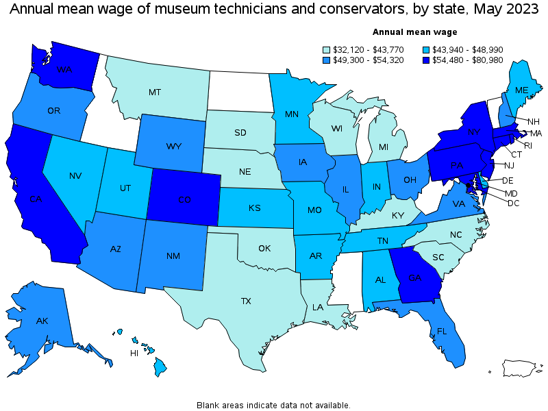 Map of annual mean wages of museum technicians and conservators by state, May 2021