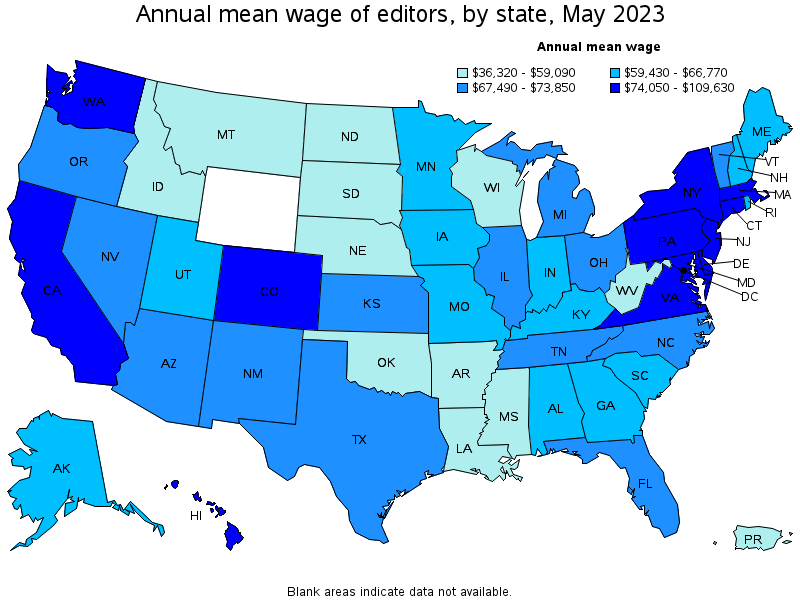 Map of annual mean wages of editors by state, May 2021