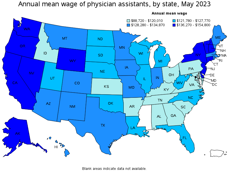Map of annual mean wages of physician assistants by state, May 2021