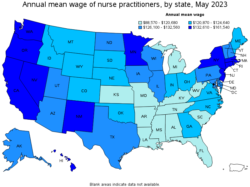 Map of annual mean wages of nurse practitioners by state, May 2021