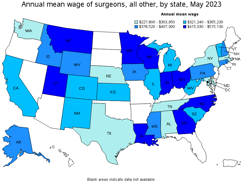 Map of annual mean wages of surgeons, all other by state, May 2021
