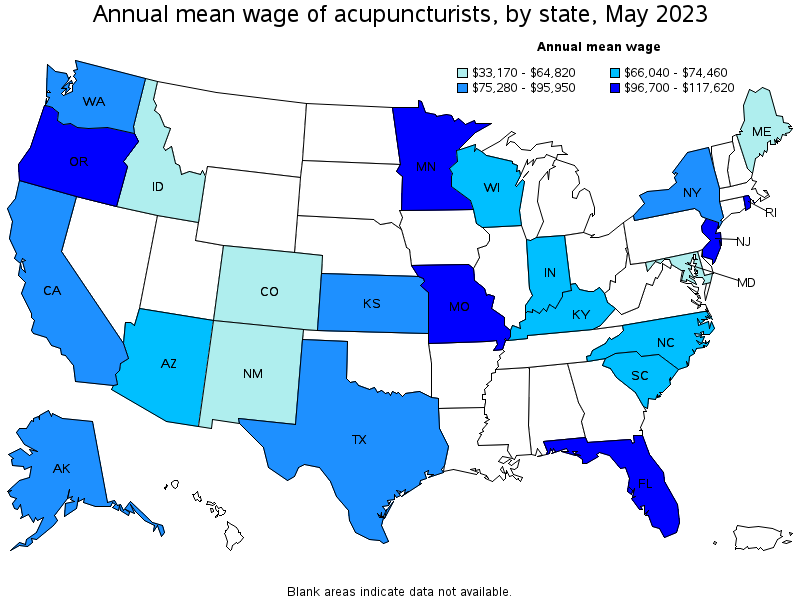 Map of annual mean wages of acupuncturists by state, May 2022