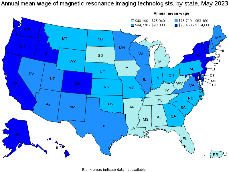 Map of annual mean wages of magnetic resonance imaging technologists by state, May 2022