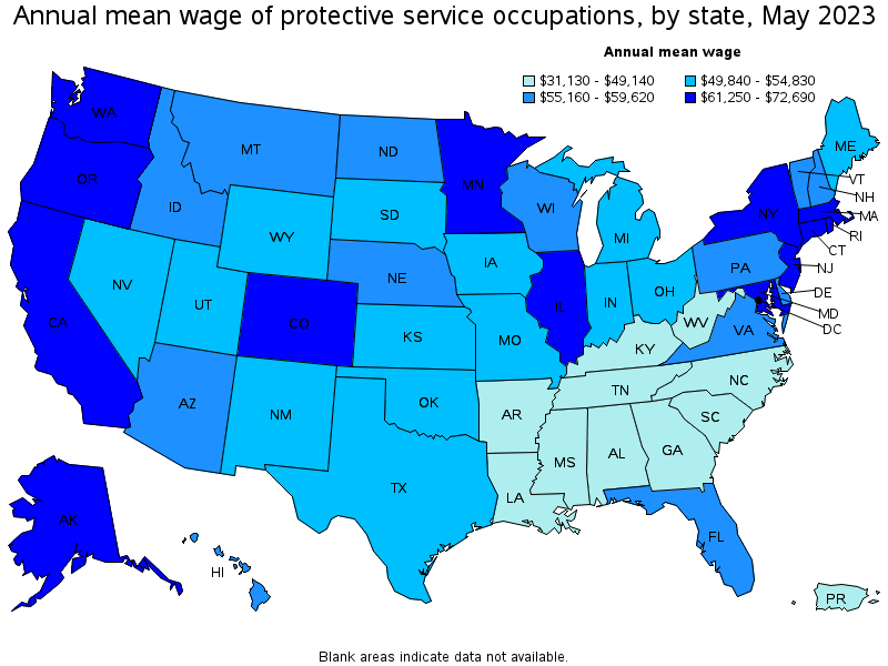 Map of annual mean wages of protective service occupations by state, May 2021