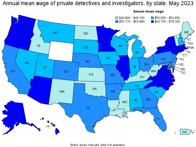 Map of annual mean wages of private detectives and investigators by state, May 2021