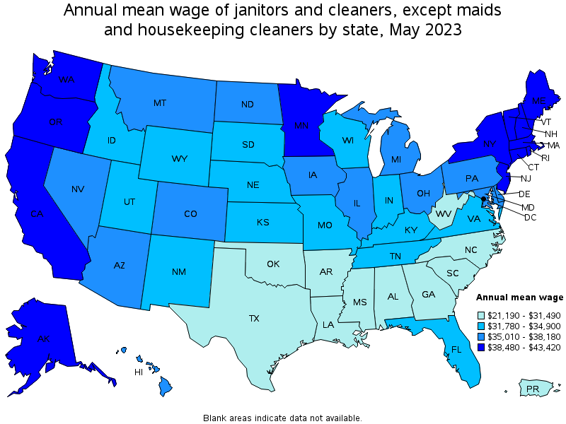 Map of annual mean wages of janitors and cleaners, except maids and housekeeping cleaners by state, May 2021