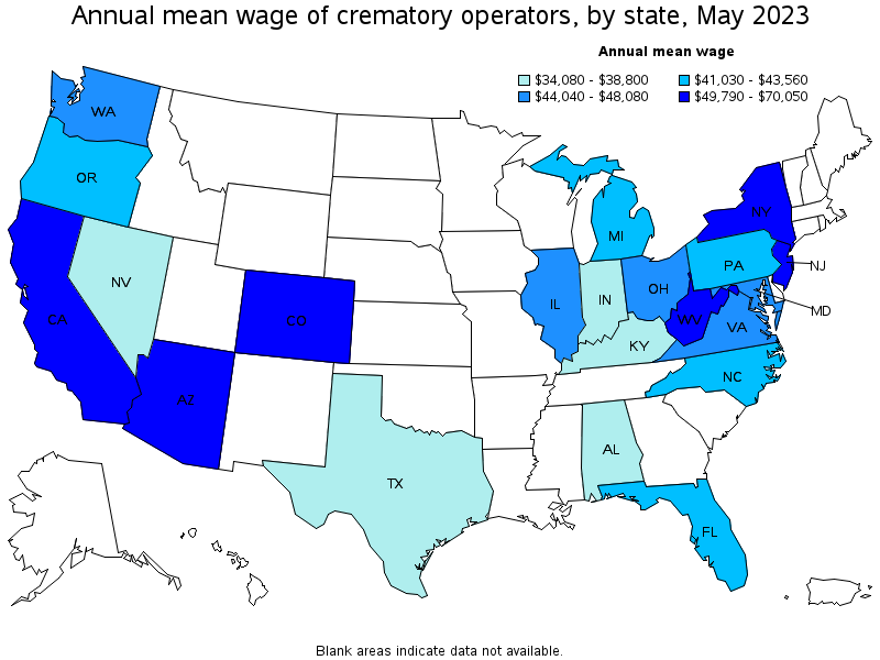 Map of annual mean wages of crematory operators by state, May 2021