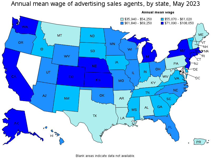Map of annual mean wages of advertising sales agents by state, May 2021