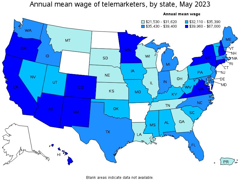 Map of annual mean wages of telemarketers by state, May 2022