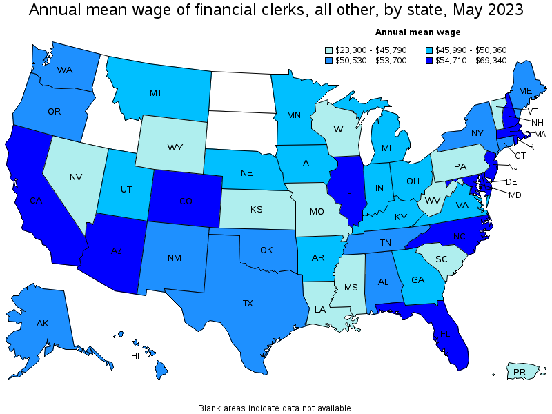 Map of annual mean wages of financial clerks, all other by state, May 2021
