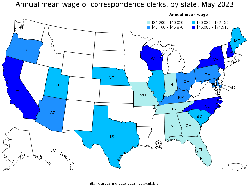 Map of annual mean wages of correspondence clerks by state, May 2021