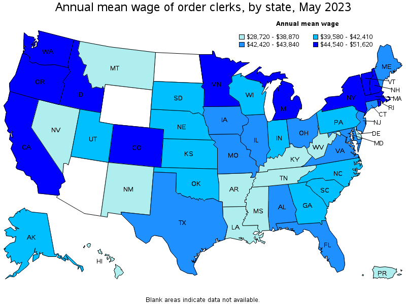 Map of annual mean wages of order clerks by state, May 2021