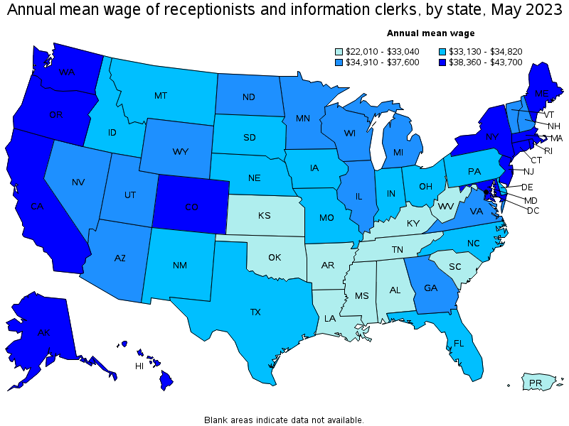 Map of annual mean wages of receptionists and information clerks by state, May 2021