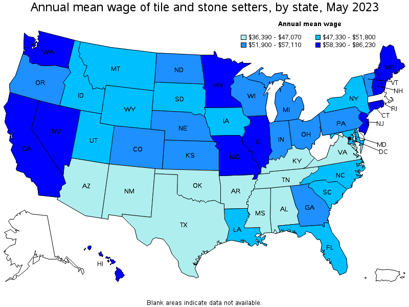 Map of annual mean wages of tile and stone setters by state, May 2021