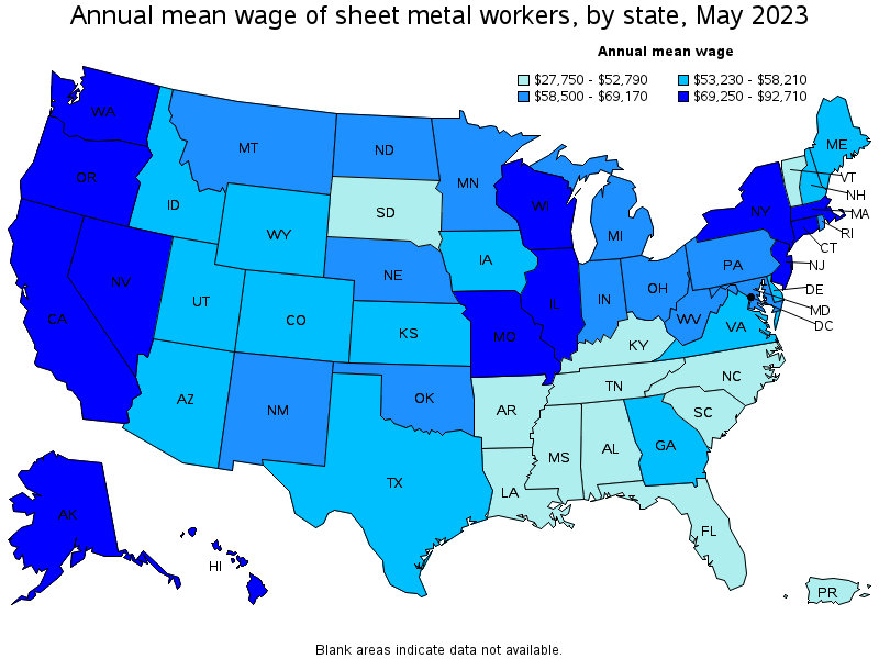 Map of annual mean wages of sheet metal workers by state, May 2021