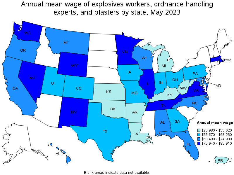 Map of annual mean wages of explosives workers, ordnance handling experts, and blasters by state, May 2021