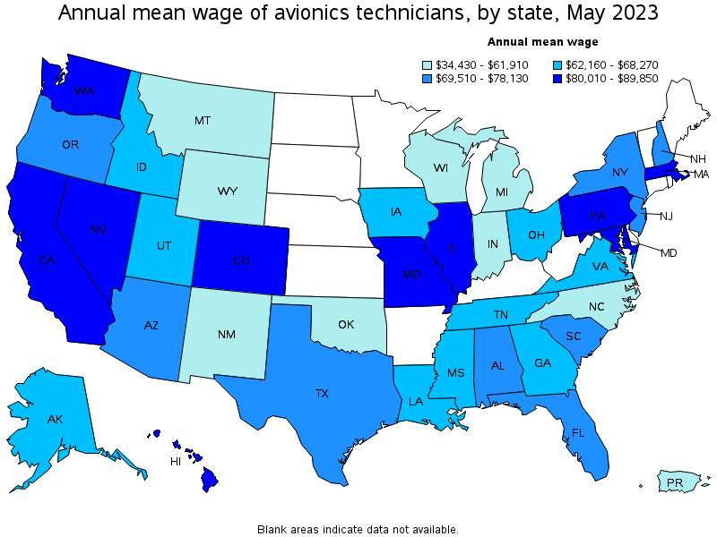 Map of annual mean wages of avionics technicians by state, May 2021
