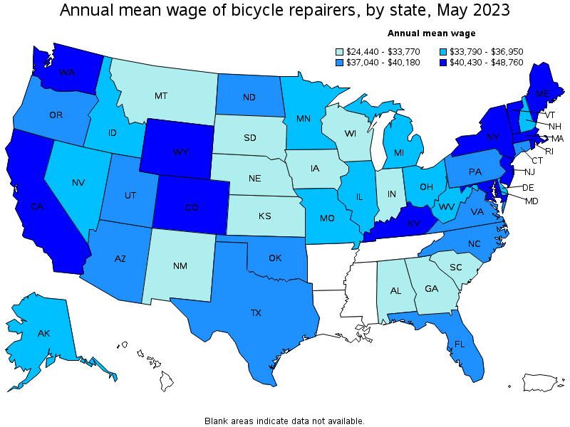 Map of annual mean wages of bicycle repairers by state, May 2021