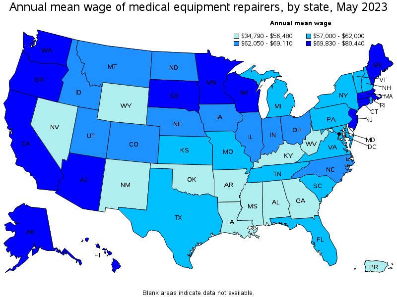 Map of annual mean wages of medical equipment repairers by state, May 2022