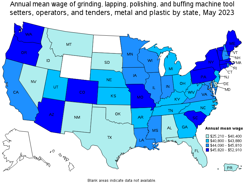 Map of annual mean wages of grinding, lapping, polishing, and buffing machine tool setters, operators, and tenders, metal and plastic by state, May 2022